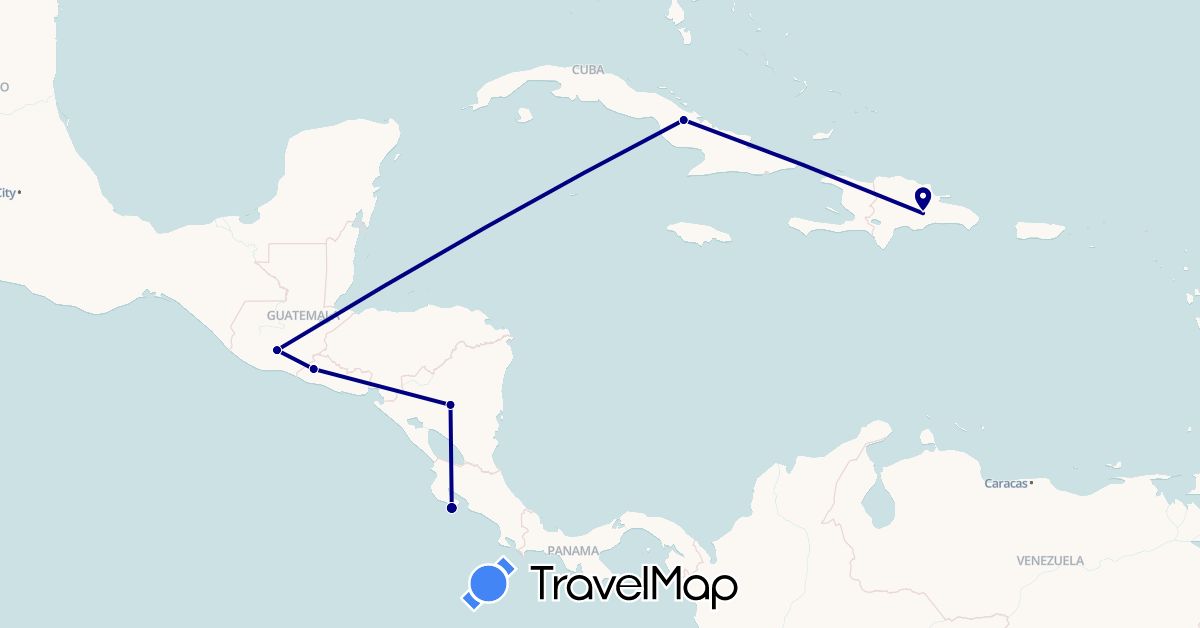 TravelMap itinerary: driving in Costa Rica, Cuba, Dominican Republic, Guatemala, Nicaragua, El Salvador (North America)